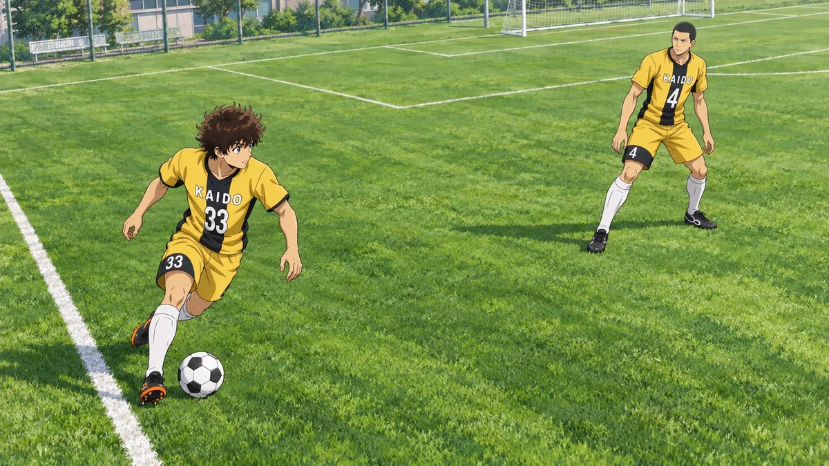 Ashito com a camisa 33 avança pela lateral enquanto Akutsu, de camisa 4, observa seu posicionamento