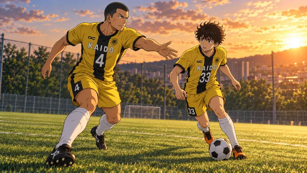 Akutsu com a camisa 4 sinaliza uma jogada a Ashito, de camisa 33, que conduz a bola