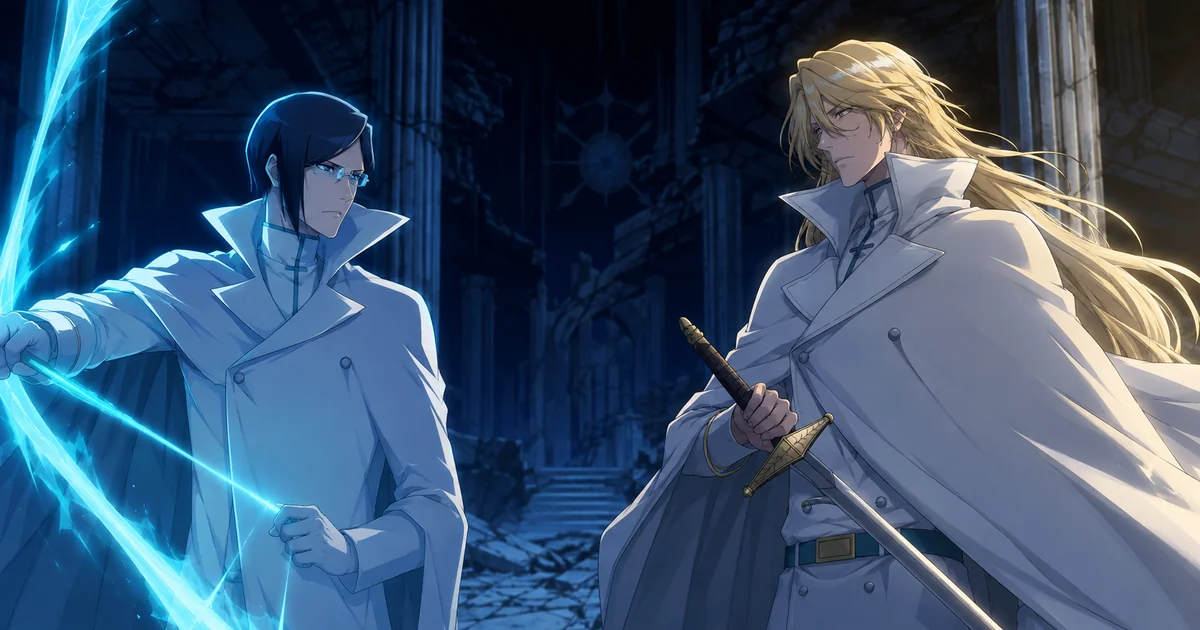 Uryū Ishida e Jugram Haschwalth se encaram entre ruínas, em ilustração editorial original de Bleach.