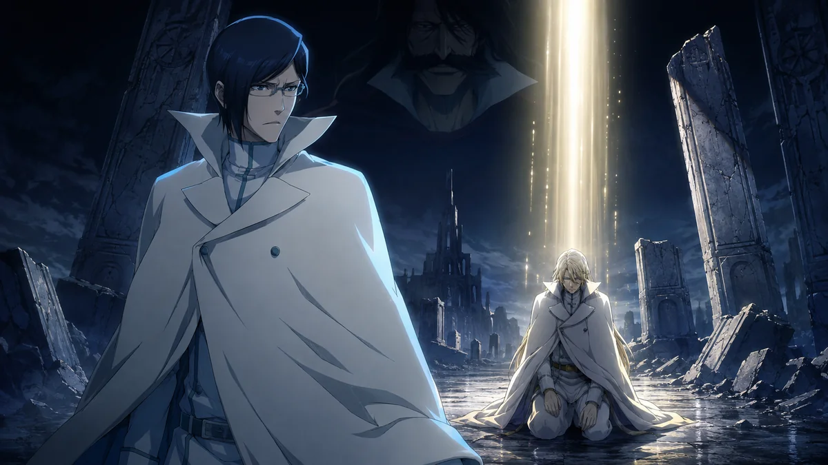 Uryū segue em direção à saída enquanto Haschwalth recebe uma coluna de luz, com Yhwach ao fundo em composição simbólica.