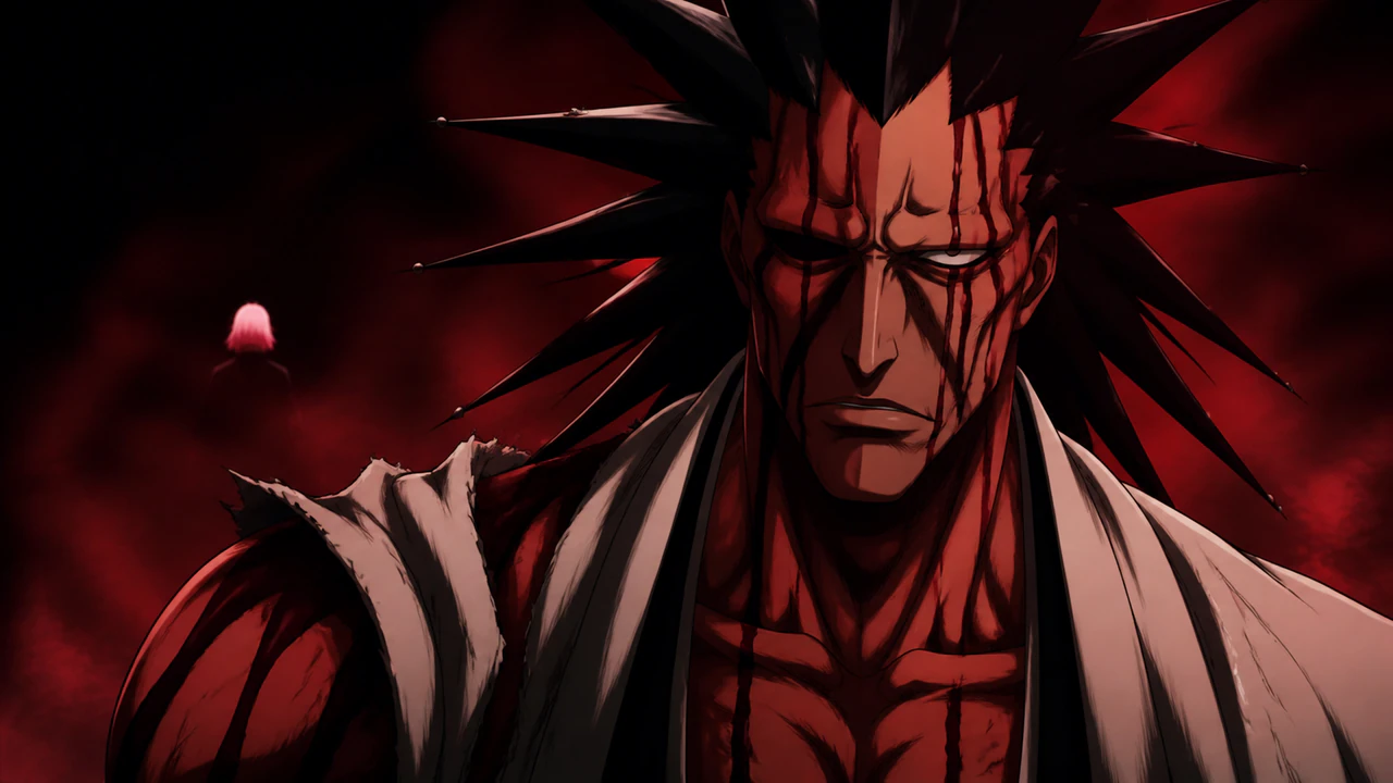Kenpachi sentindo o limite físico da potência liberada por sua Bankai