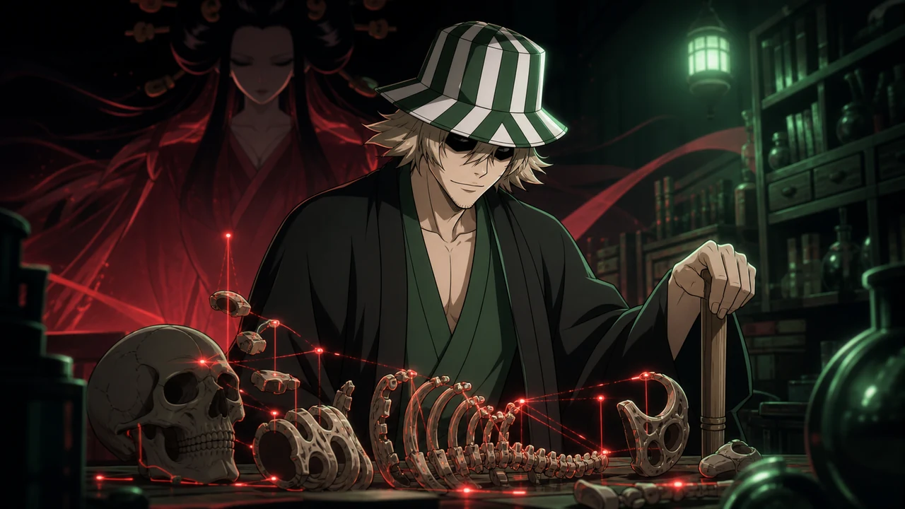Kisuke Urahara entre a postura descontraída e o cálculo estratégico de sua Bankai