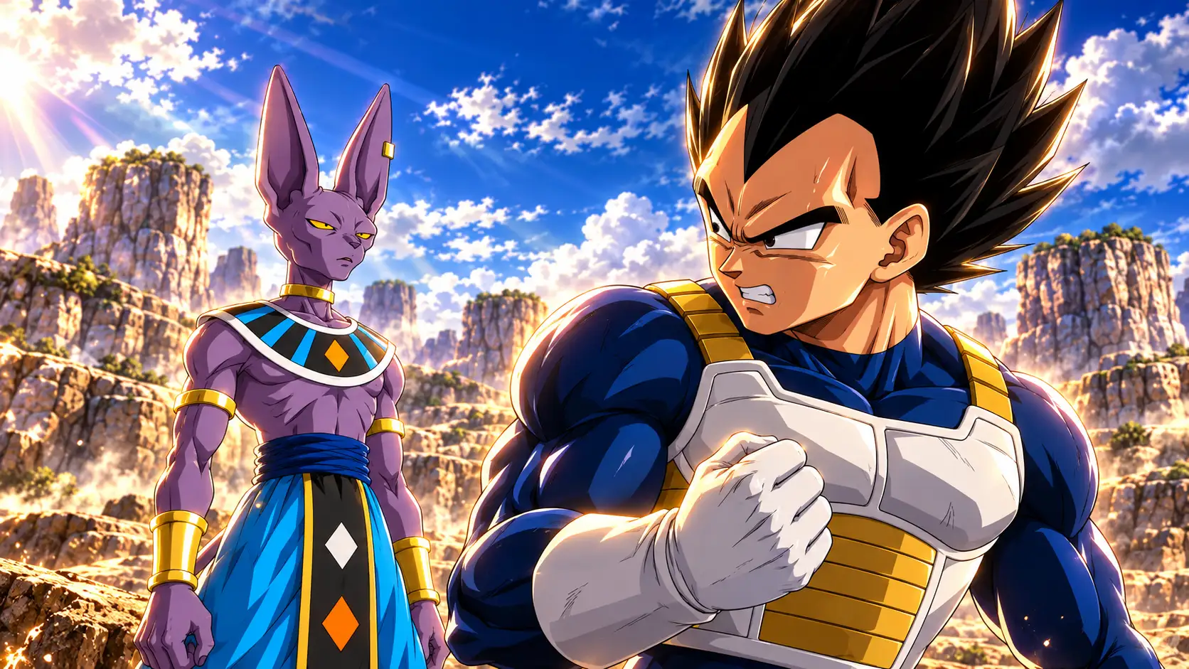 Vegeta cerra o punho e encara Beerus com raiva em uma paisagem rochosa