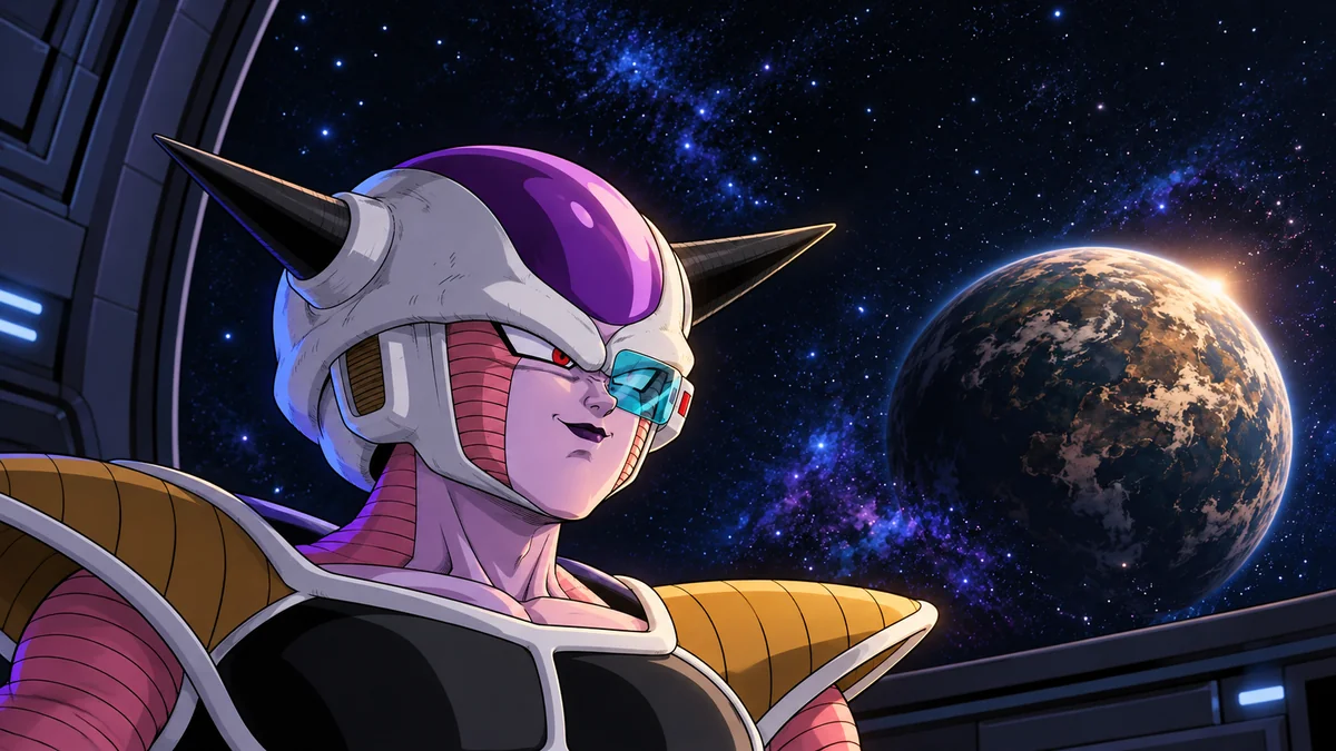 Composição simbólica de Freeza na primeira forma diante de um planeta distante, com scouter ciano no olho esquerdo