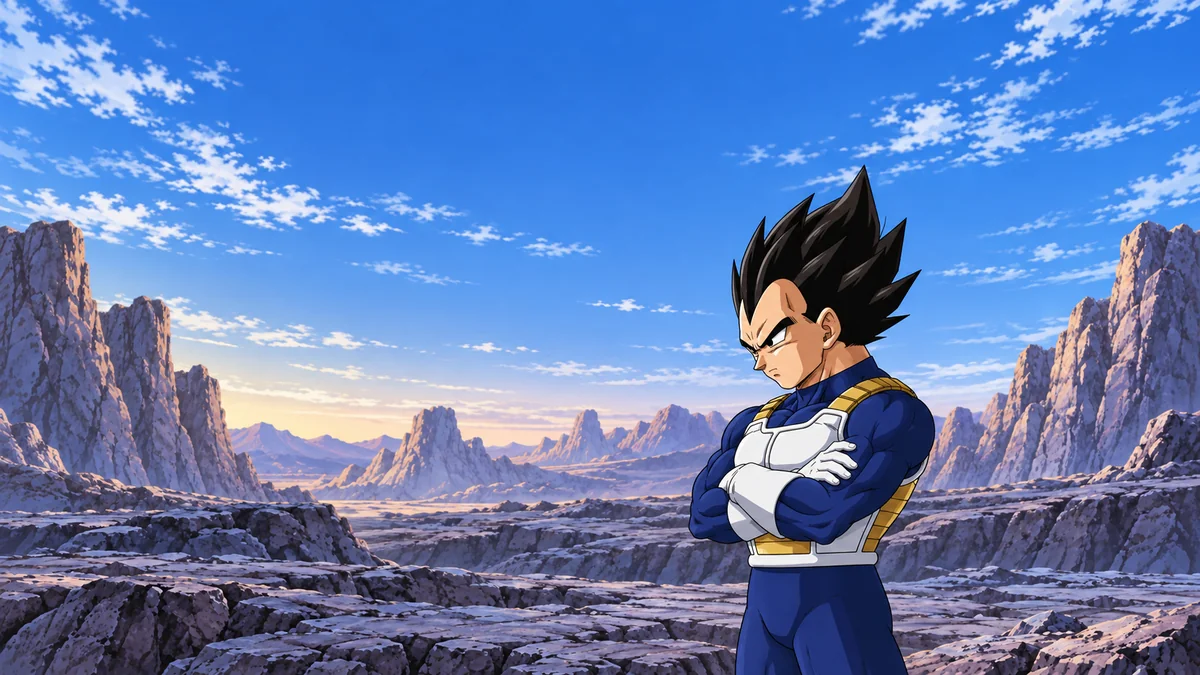 Vegeta de cabelos pretos e braços cruzados olha para baixo em um campo rochoso de treinamento