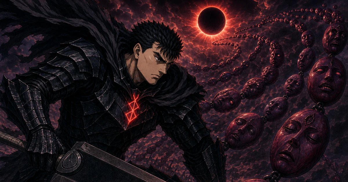 Infográfico abstrato sobre o que berserk revela sobre causalidade, livre-arbítrio e resistência ao destino