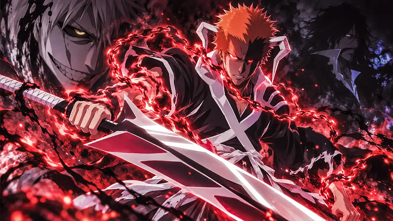 Ichigo em Blood Chain, com dois chifres e correntes vermelhas de reiatsu.
