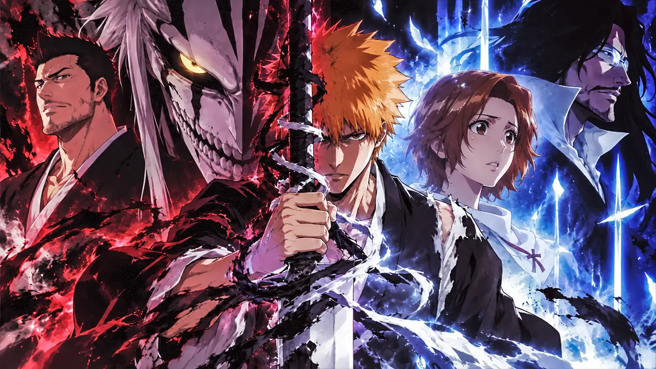 As manifestações Hollow e Quincy de Zangetsu diante de prédios no mundo interior de Ichigo.