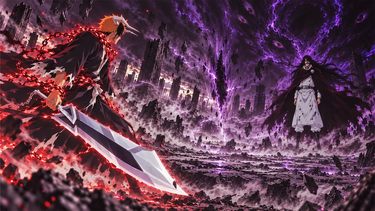 Ichigo com correntes de reiatsu encara Yhwach após a absorção do Rei das Almas.