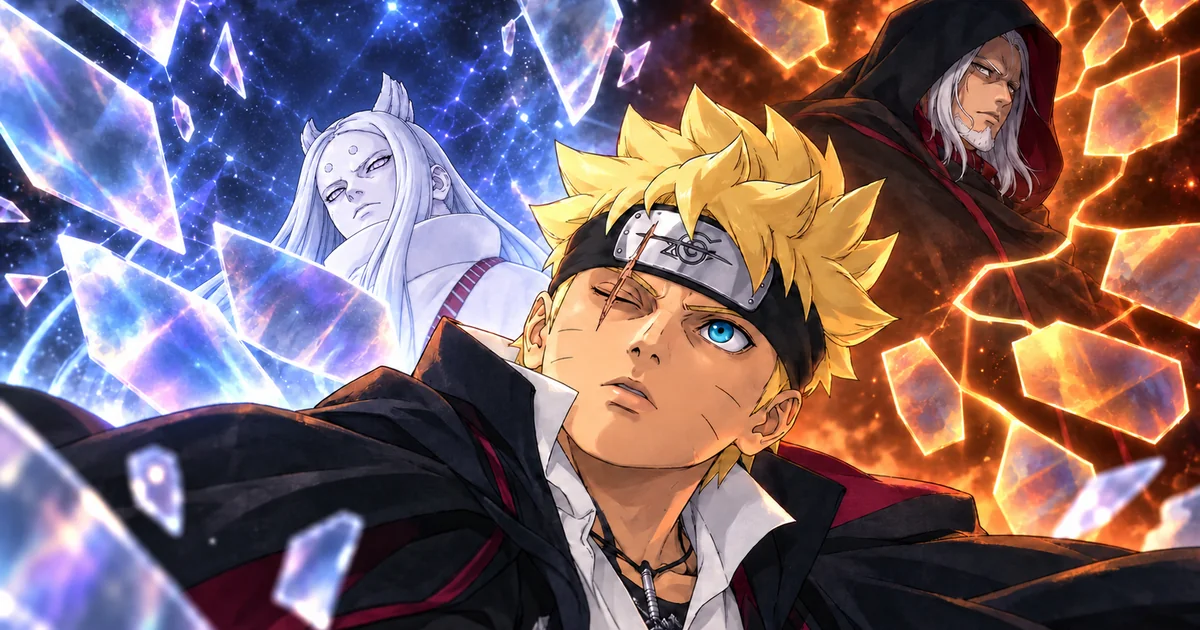 Boruto entre representações conceituais de Momoshiki e Kashin Koji, cercado por fragmentos luminosos.