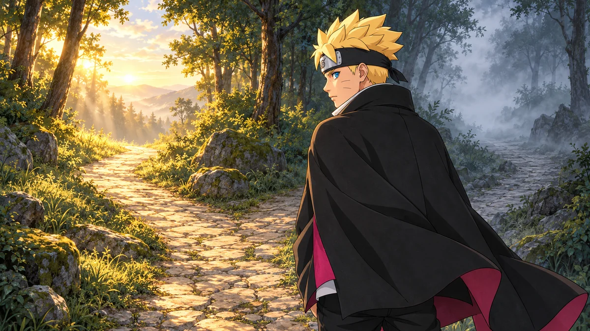 Boruto diante de uma bifurcação na floresta, com um caminho iluminado e outro desaparecendo na névoa.