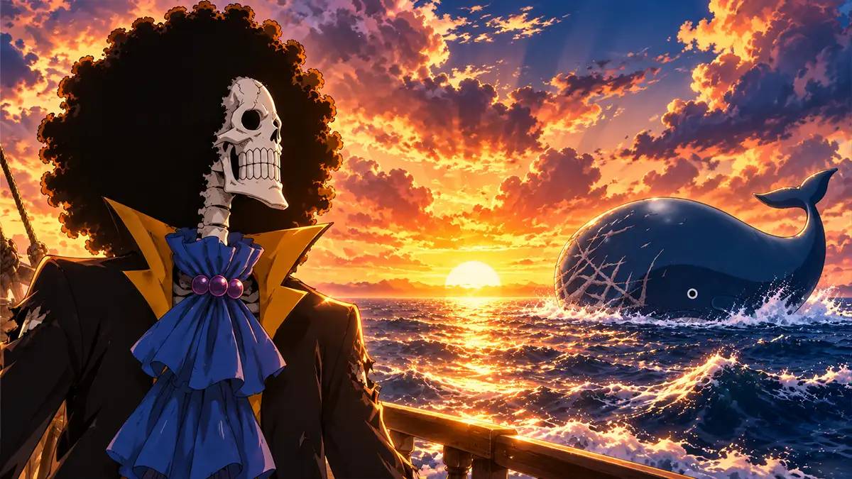 Brook e Laboon adulto em planos pictóricos separados, representando a promessa de reencontro, não um encontro ocorrido.