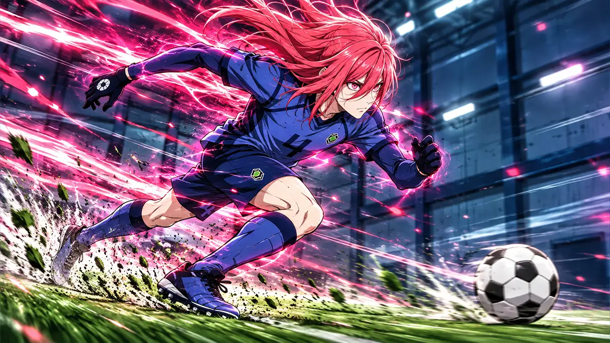 Chigiri corre em direção a uma bola no campo coberto, com o uniforme azul número 4.