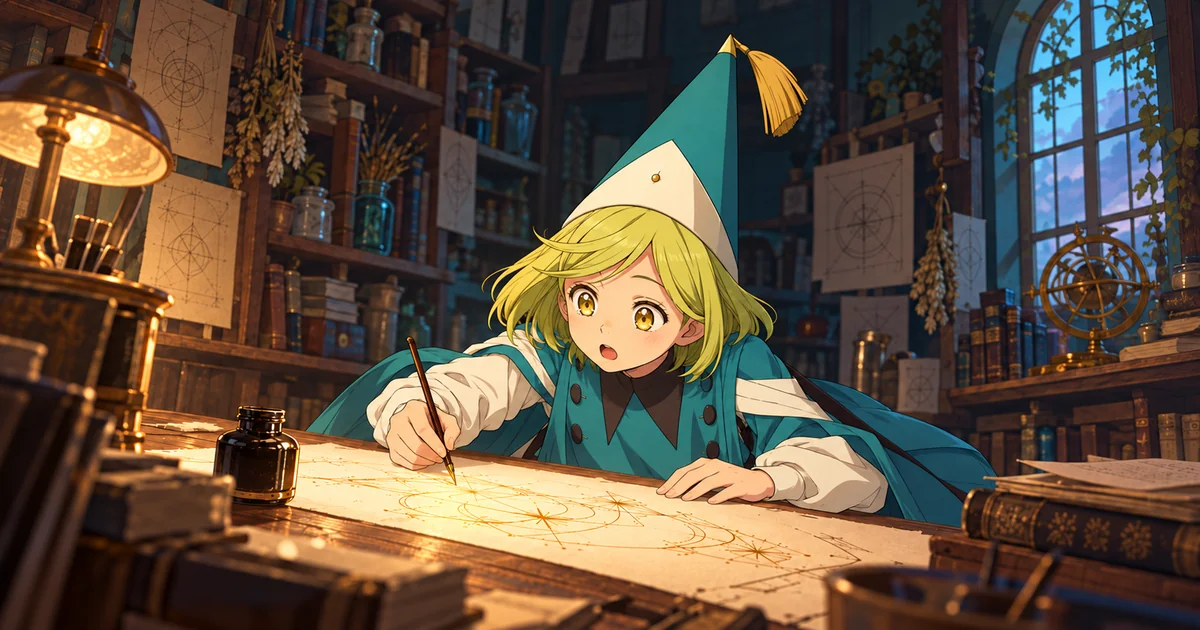 Coco desenha com uma pena sobre uma página iluminada, diante de um frasco de tinta, em ilustração conceitual da descoberta da magia.