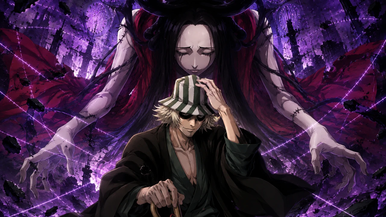 Kisuke Urahara diante de Kannonbiraki Benihime Aratame em uma área marcada por costuras espirituais