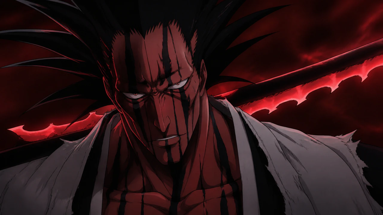 Kenpachi empunhando a lâmina compacta associada à sua Bankai
