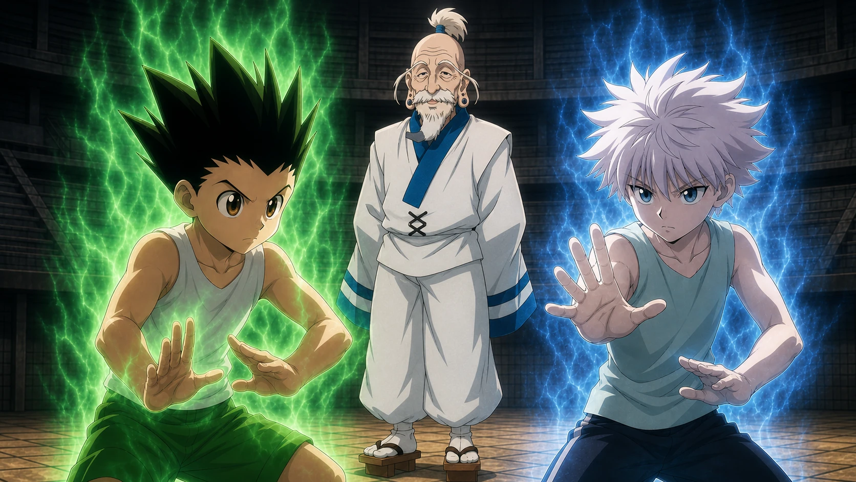 Gon e Killua treinando Nen sob a orientação de Isaac Netero
