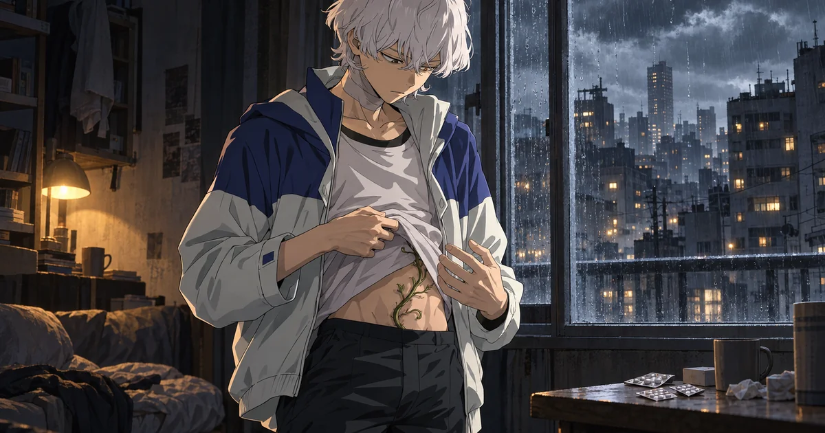 Toshiro observa uma videira crescendo no abdômen sob um céu sem sol