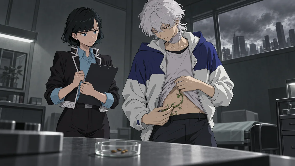 Yomiko observa Toshiro examinar a videira perto de sementes numa bandeja