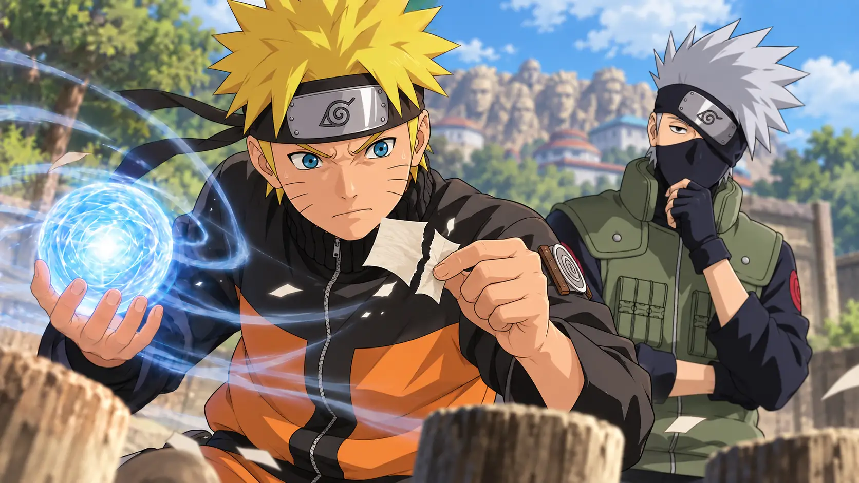 Naruto observa o papel de chakra se dividir diante de Kakashi