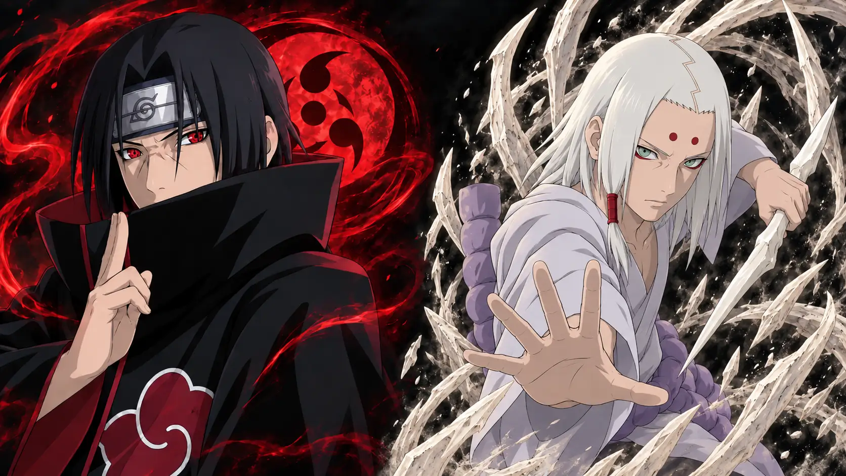 Itachi e Kimimaro em comparação visual de kekkei genkai não elementais
