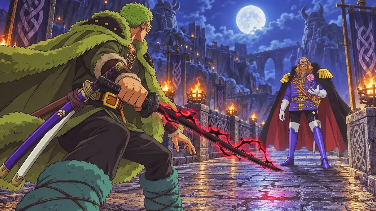 Zoro prepara uma espada com Haki diante de Sommers em uma ponte de Elbaf