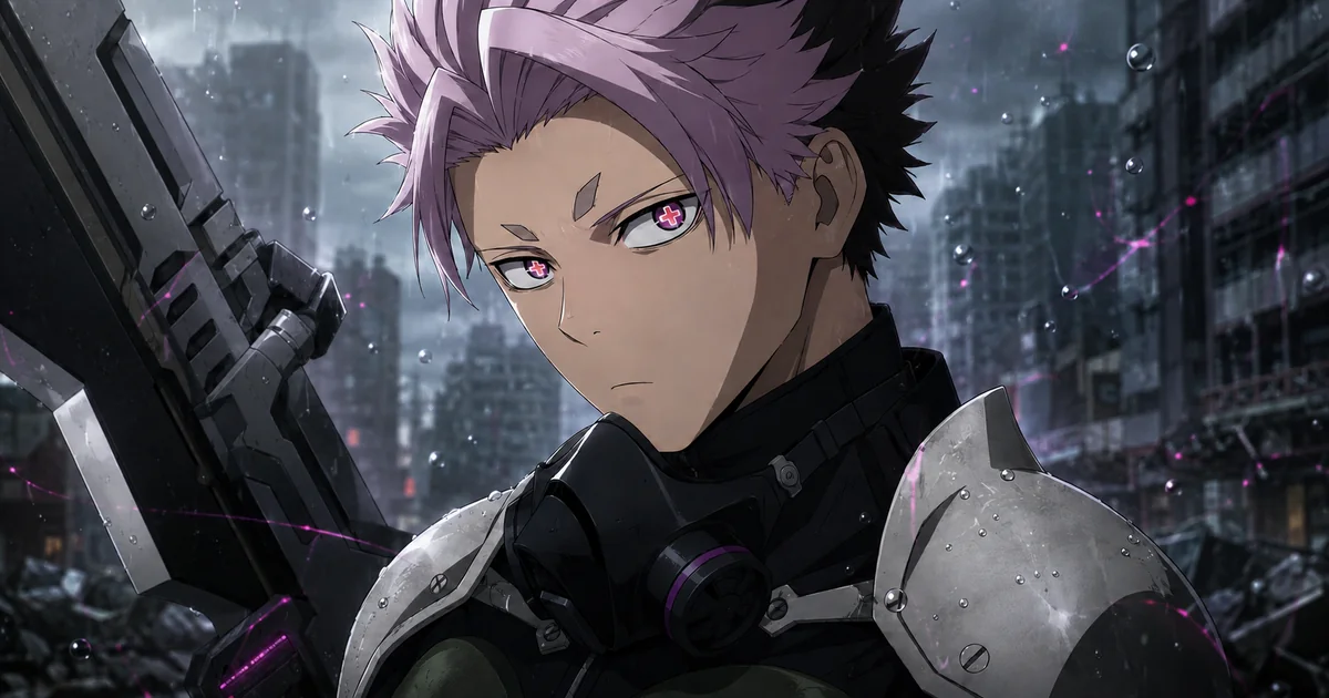 Gen Narumi com olhos magenta em destaque e traje de combate, cercado por gotas em uma rua urbana.