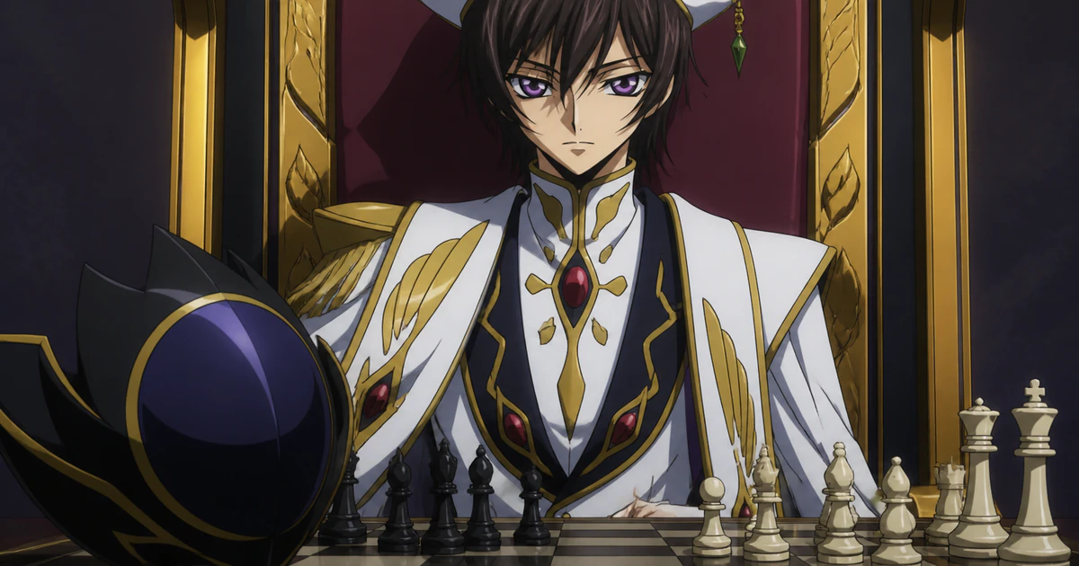Infográfico abstrato sobre como o zero requiem encerra a trajetória de lelouch em code geass