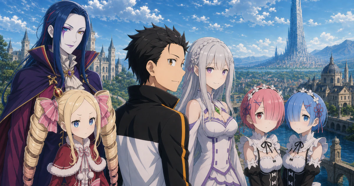 Infográfico abstrato sobre como os principais arcos de re:zero se conectam na cronologia