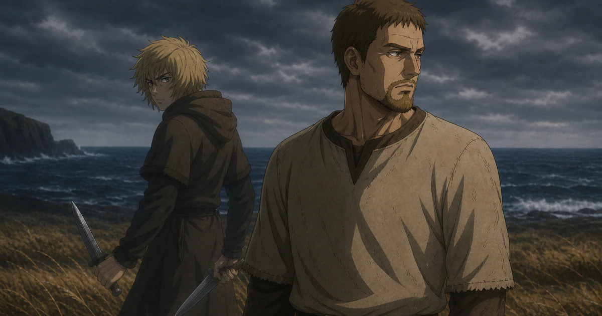 Infográfico abstrato sobre como thorfinn muda em vinland saga: da vingança à busca por uma terra sem guerra