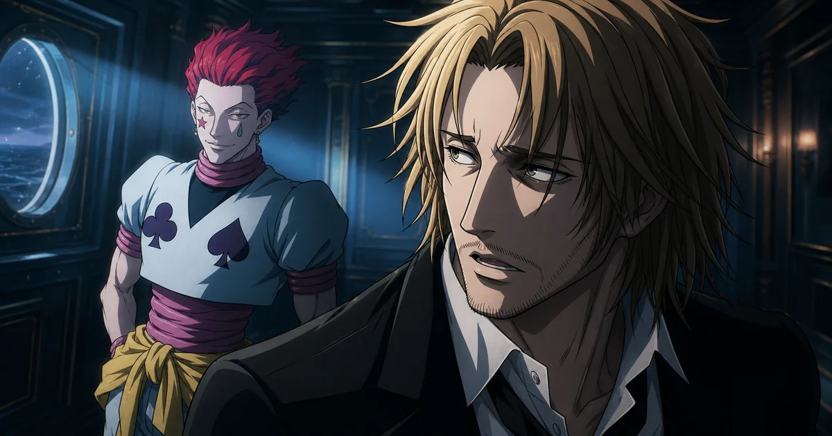Tserriednich tenso em primeiro plano, com Hisoka observando ao fundo de um interior de navio, em uma composição editorial.