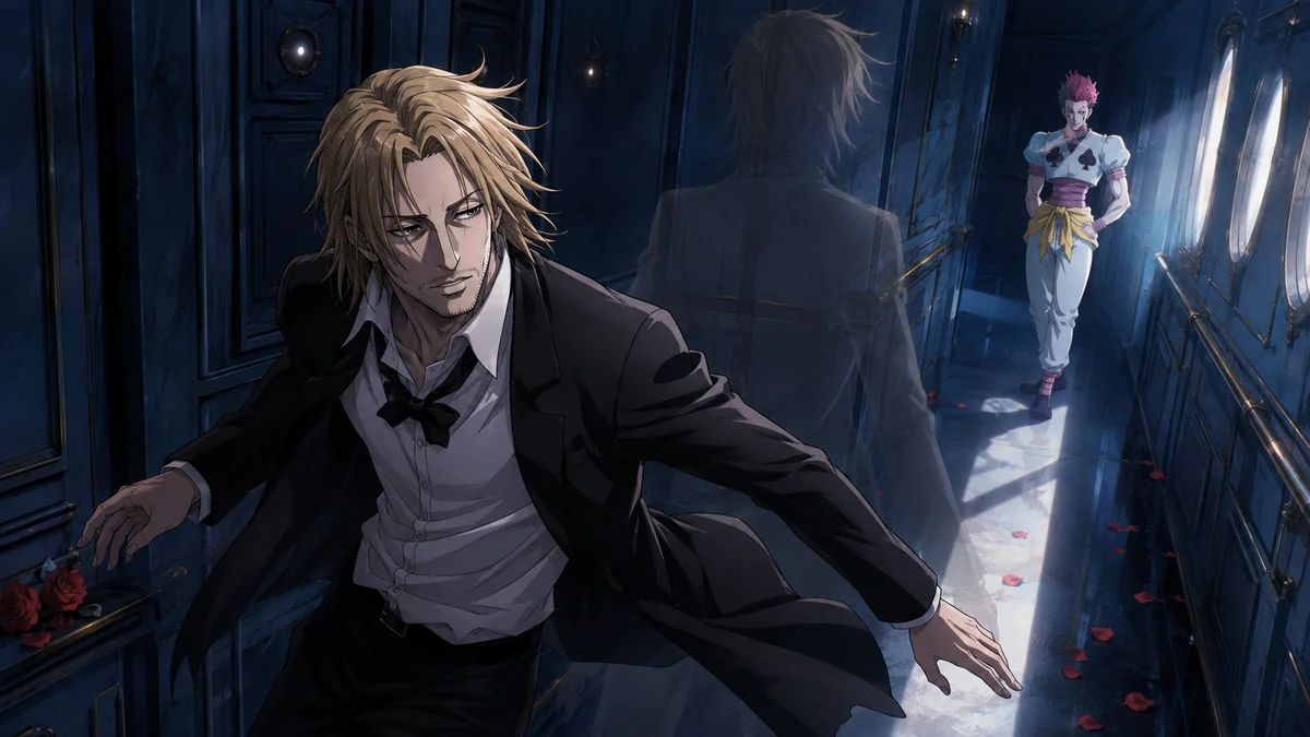 Tserriednich se desloca para o lado de uma silhueta translúcida que simboliza a trajetória prevista, com Hisoka ao fundo.
