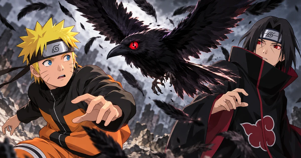 Naruto e Itachi observam um corvo com Sharingan durante a Quarta Guerra