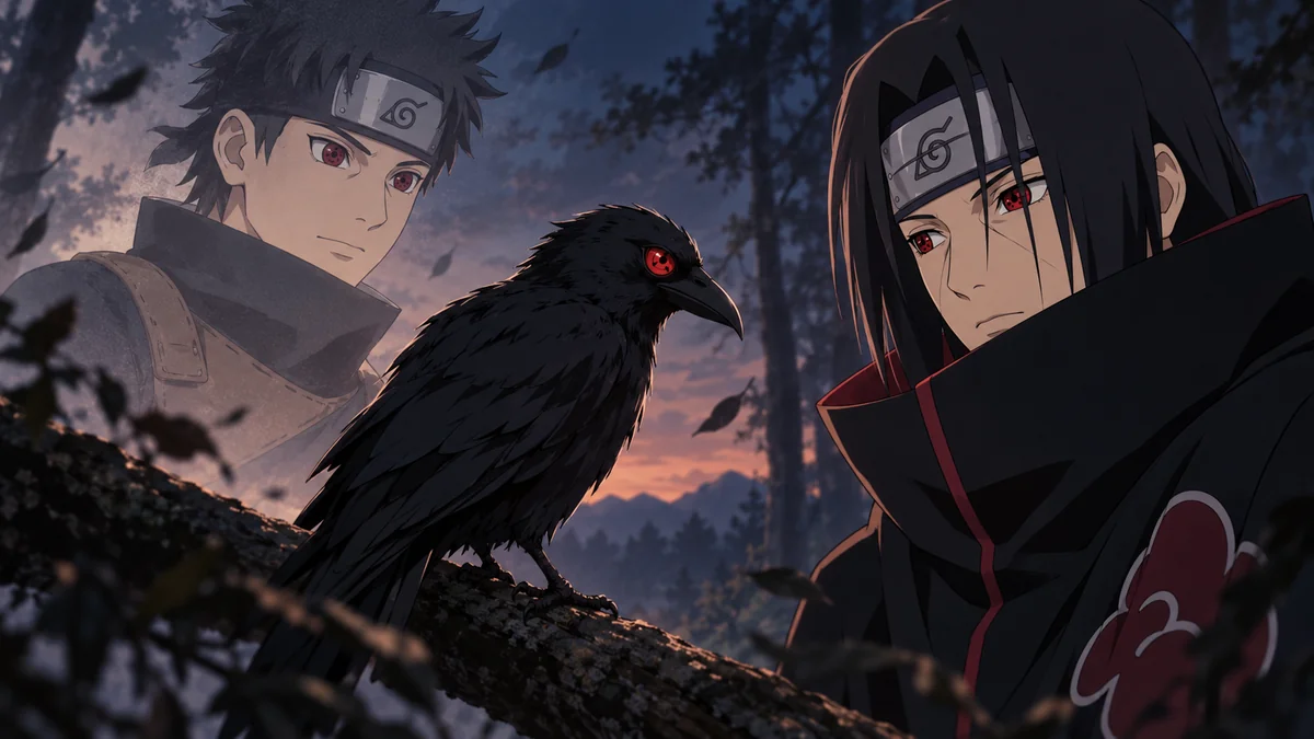 Corvo com Sharingan entre retratos conceituais de Shisui e Itachi