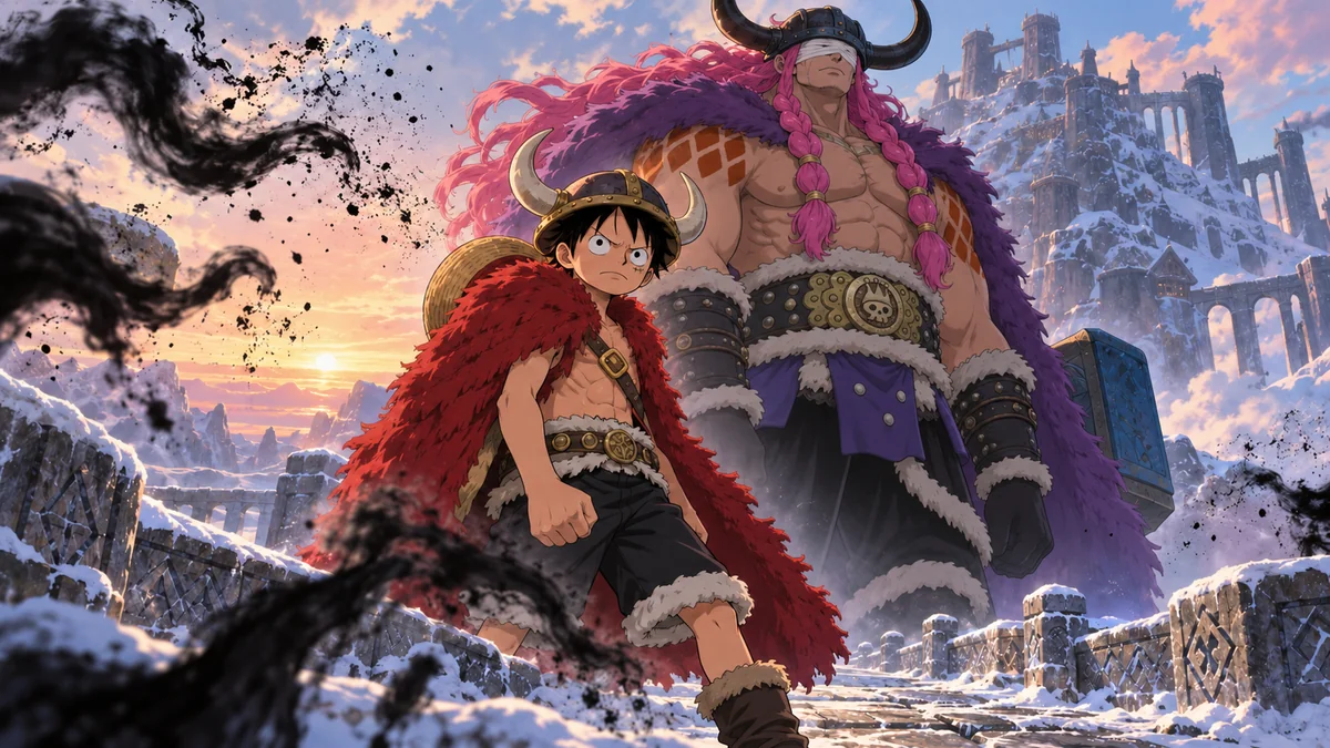 Luffy e Loki permanecem sem transformação diante de sombras que se dissipam em Elbaf