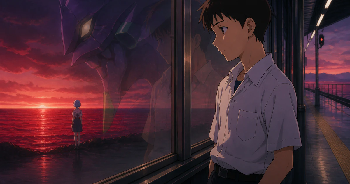Infográfico abstrato sobre o final de neon genesis evangelion explicado: individualidade, instrumentalidade e escolhas de shinji