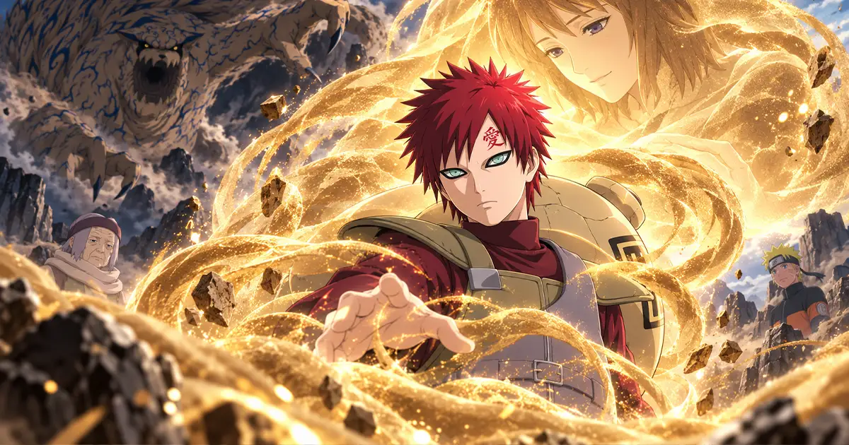 Gaara com os braços abaixados atrás de um escudo de areia que intercepta uma onda de pó de ouro, em ilustração editorial.