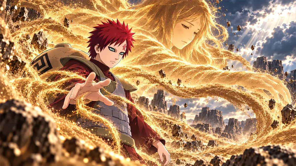 Gaara conduz um arco de areia com a mão direita elevada, ilustrando uma técnica escolhida conscientemente.