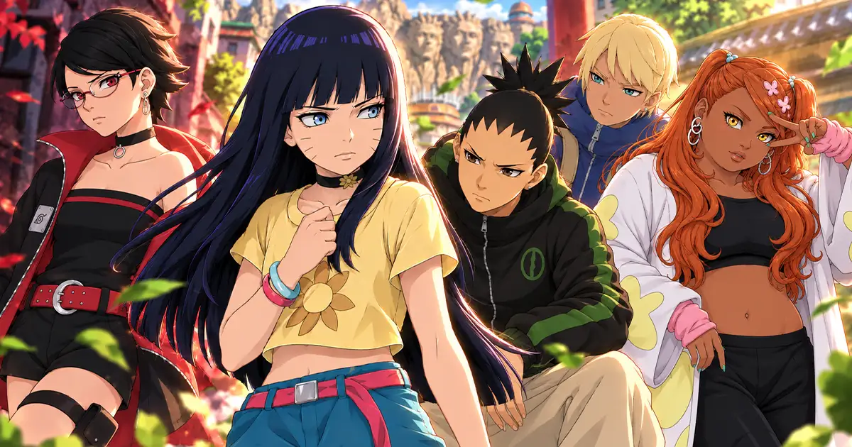 Himawari olha para Sarada à distância, enquanto Shikadai acompanha sua mudança de caminho numa composição conceitual.