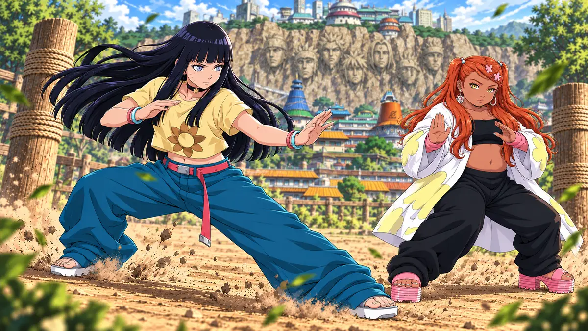 Himawari pratica uma postura de combate com Chōchō num campo de treino com postes de madeira.