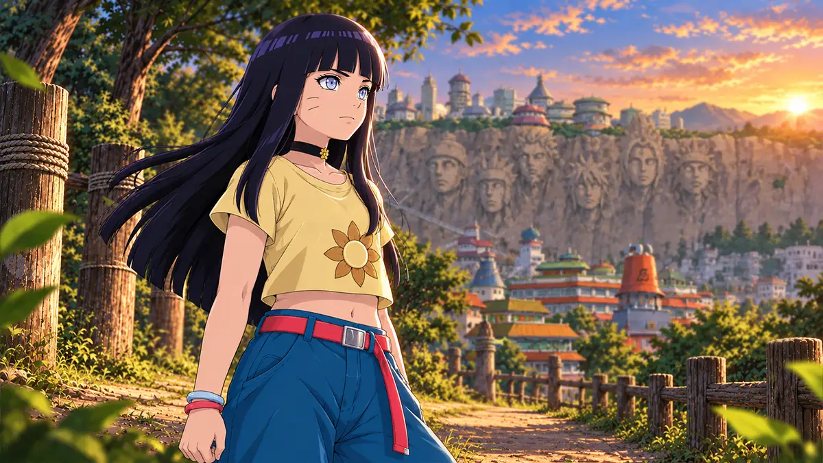 Himawari entre postes de treino e um caminho que segue para as casas da vila.