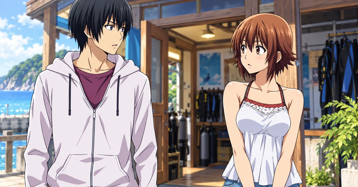Iori e Chisa se olham diante de uma loja de mergulho na costa