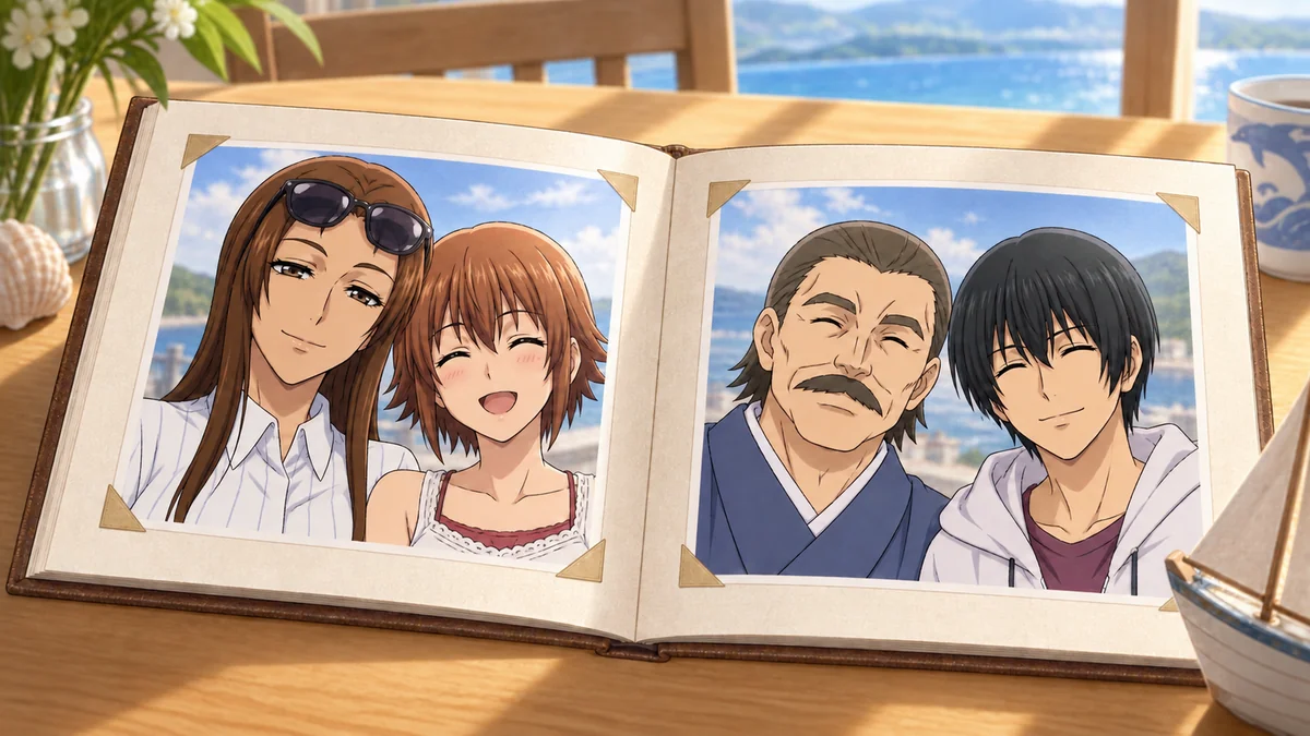 Álbum ilustrado mostra Sayaka e Chisa em uma página e Iori com o pai na outra