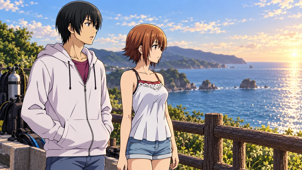 Iori e Chisa contemplam o mar lado a lado com equipamento de mergulho ao fundo
