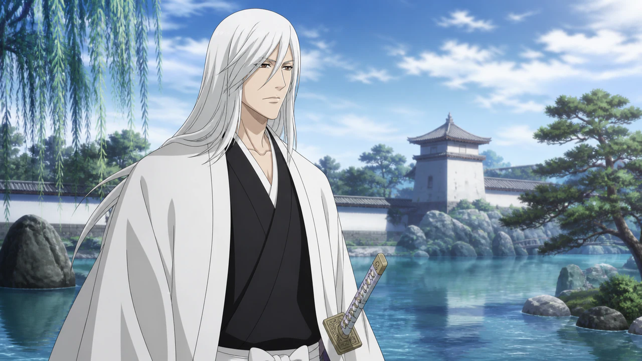Jūshirō Ukitake como capitão da 13ª Divisão junto ao lago