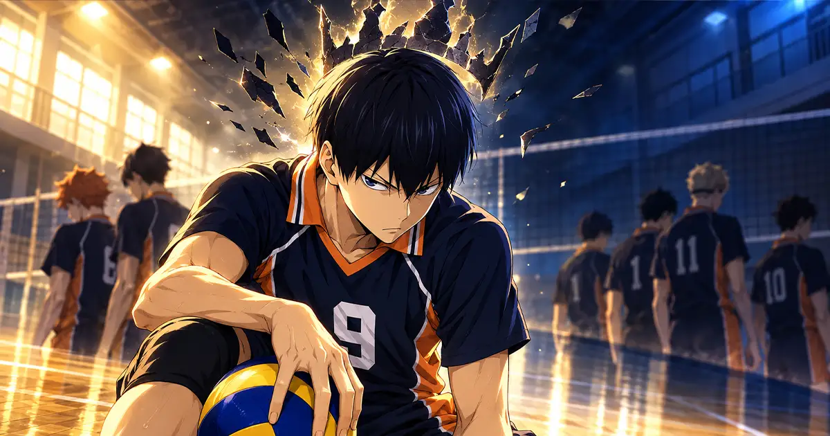 Kageyama segura uma bola de vôlei junto ao corpo e observa uma quadra vazia, em metáfora editorial do isolamento ligado ao apelido Rei da Quadra.