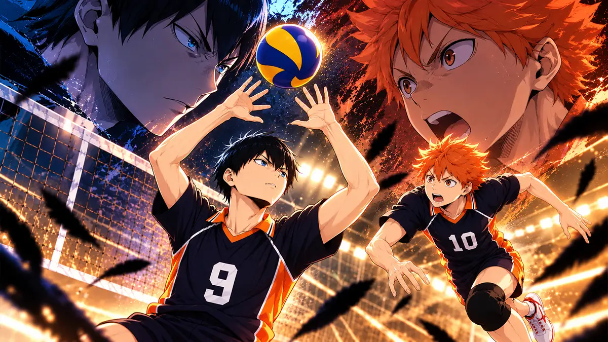 Kageyama prepara um levantamento enquanto Hinata inicia a aproximação para o ataque, em ilustração editorial da combinação entre os dois.
