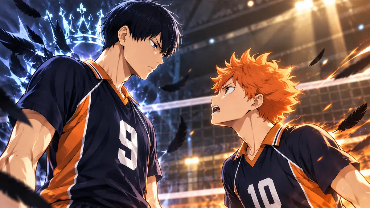 Kageyama e Hinata frente a frente na quadra, com expressões firmes, em ilustração editorial sobre colaboração com espaço para discordar.