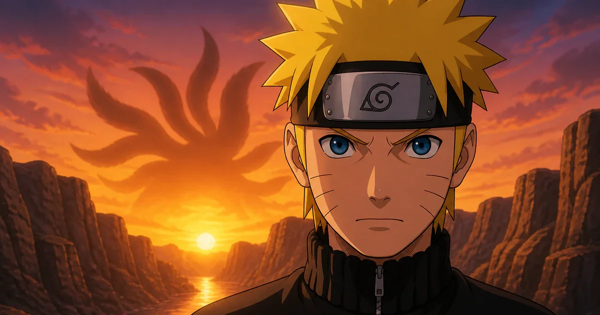 Naruto diante do pôr do sol com a sombra de Kurama ao fundo