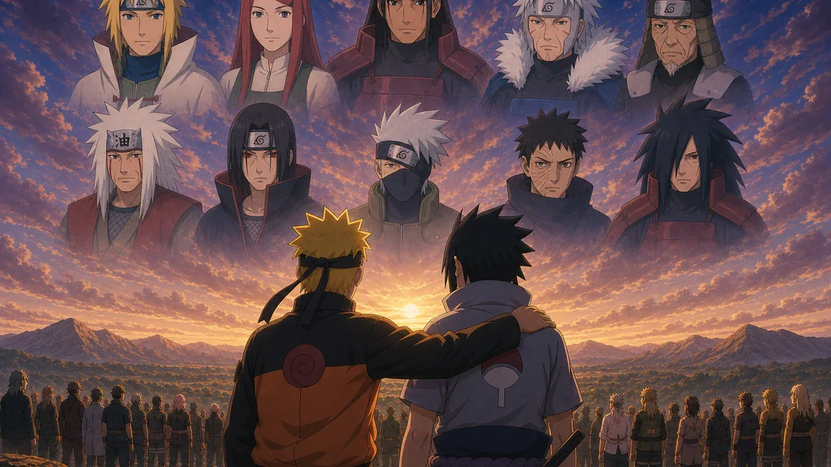 Naruto e Sasuke diante de figuras de gerações anteriores